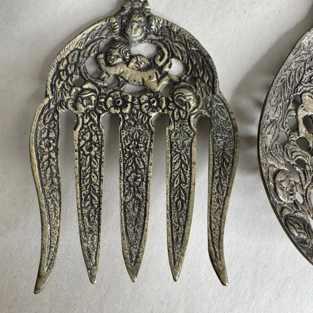 Vintage Italian Cherub Salad Servers Set Ornate Putti Fleur De‎ Lis Italy
